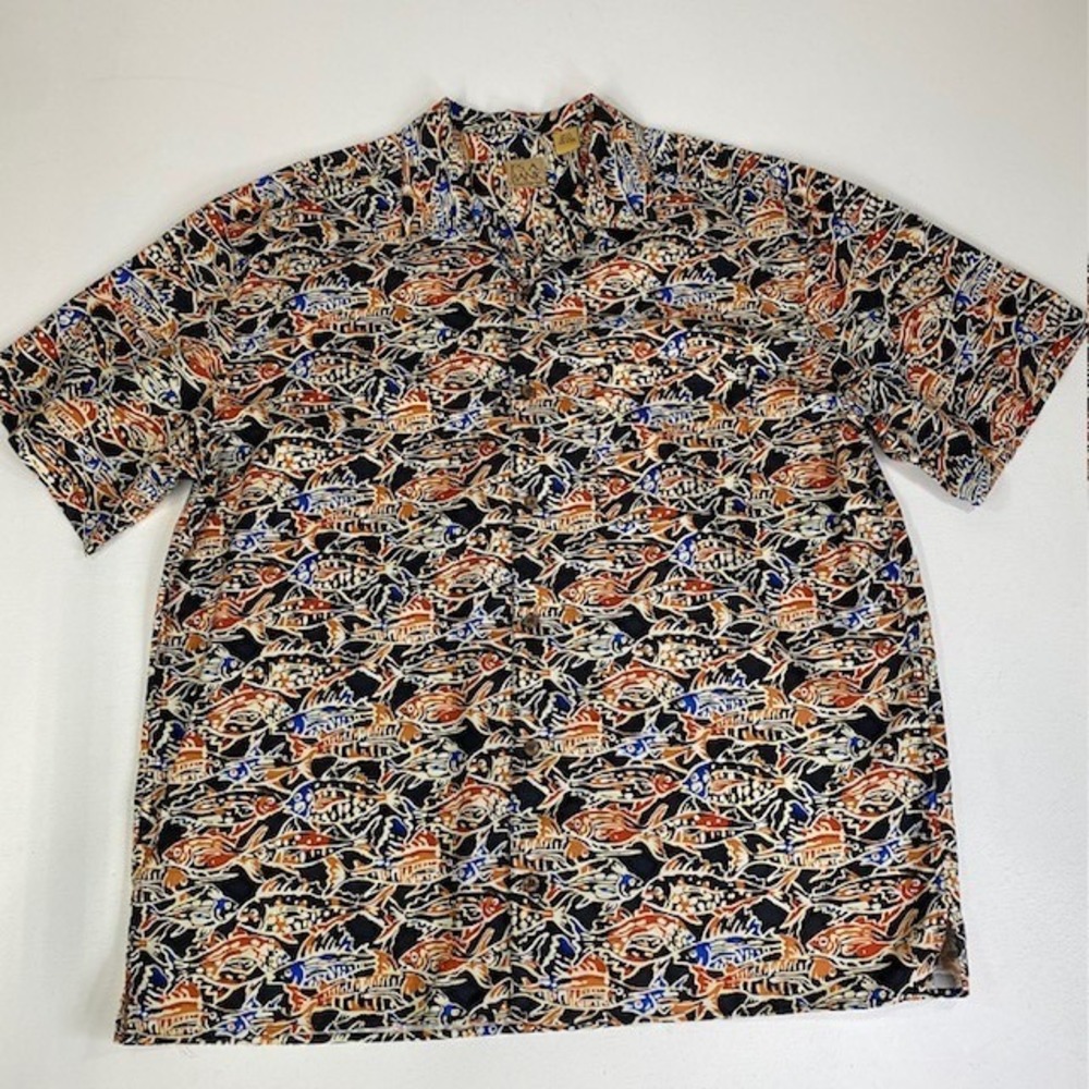 Jos. A. Bank Silk Fish Print 100% Silk Button Up‎ Short Sleeve Shirt XXL